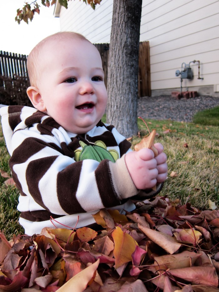 Eli in a pile of leaves.